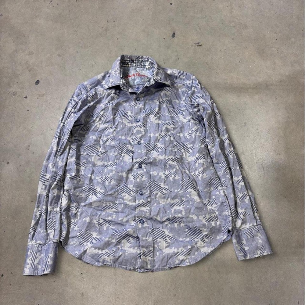 Robert Graham Mens Blue Geometric Abstract Button Up Shirt Classic Fit Small